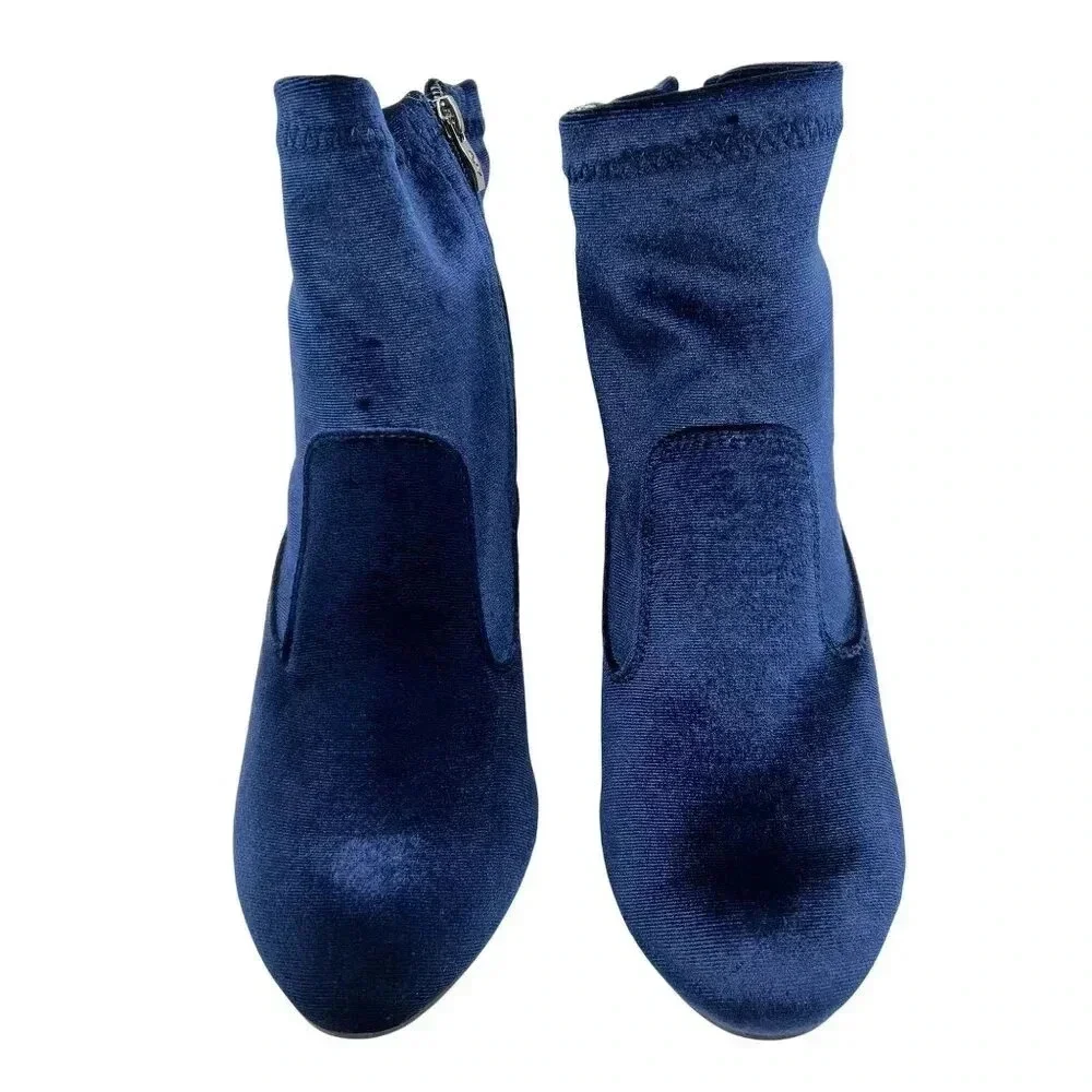 NEW Blue Velvet Ankle Booties Women 10M Zip Closure Block Heel Boots Elvis Shoes